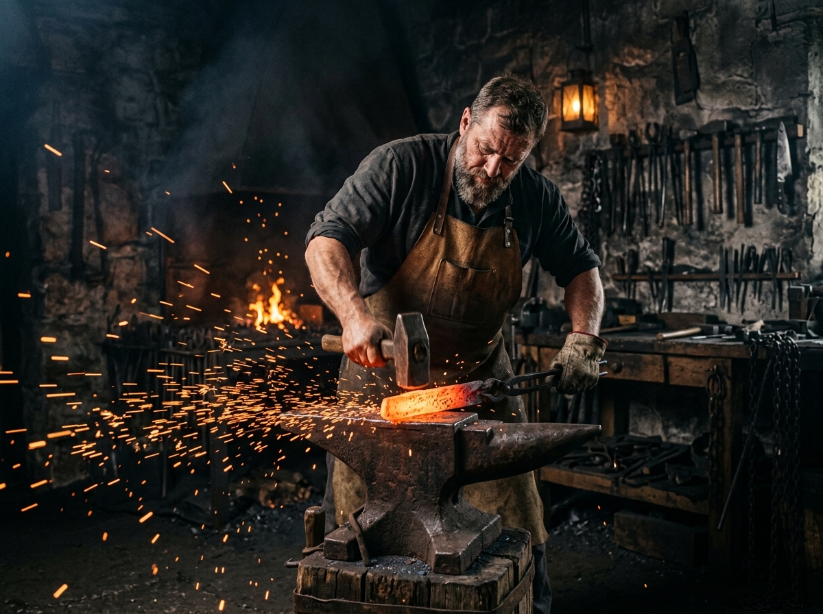 Master Bladesmith Hammering Hot Damascus Billet