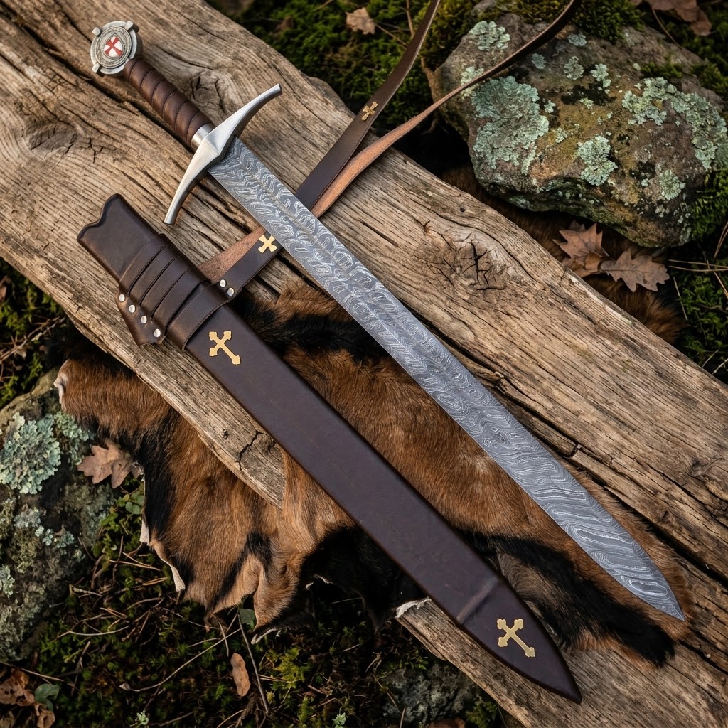 Custom Engraved Knights Templar Sword (Damascus Steel)