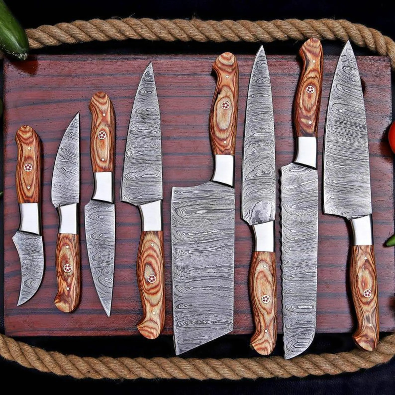 Hand-Forged Damascus Steel Chef Knife Set thumbnail 4