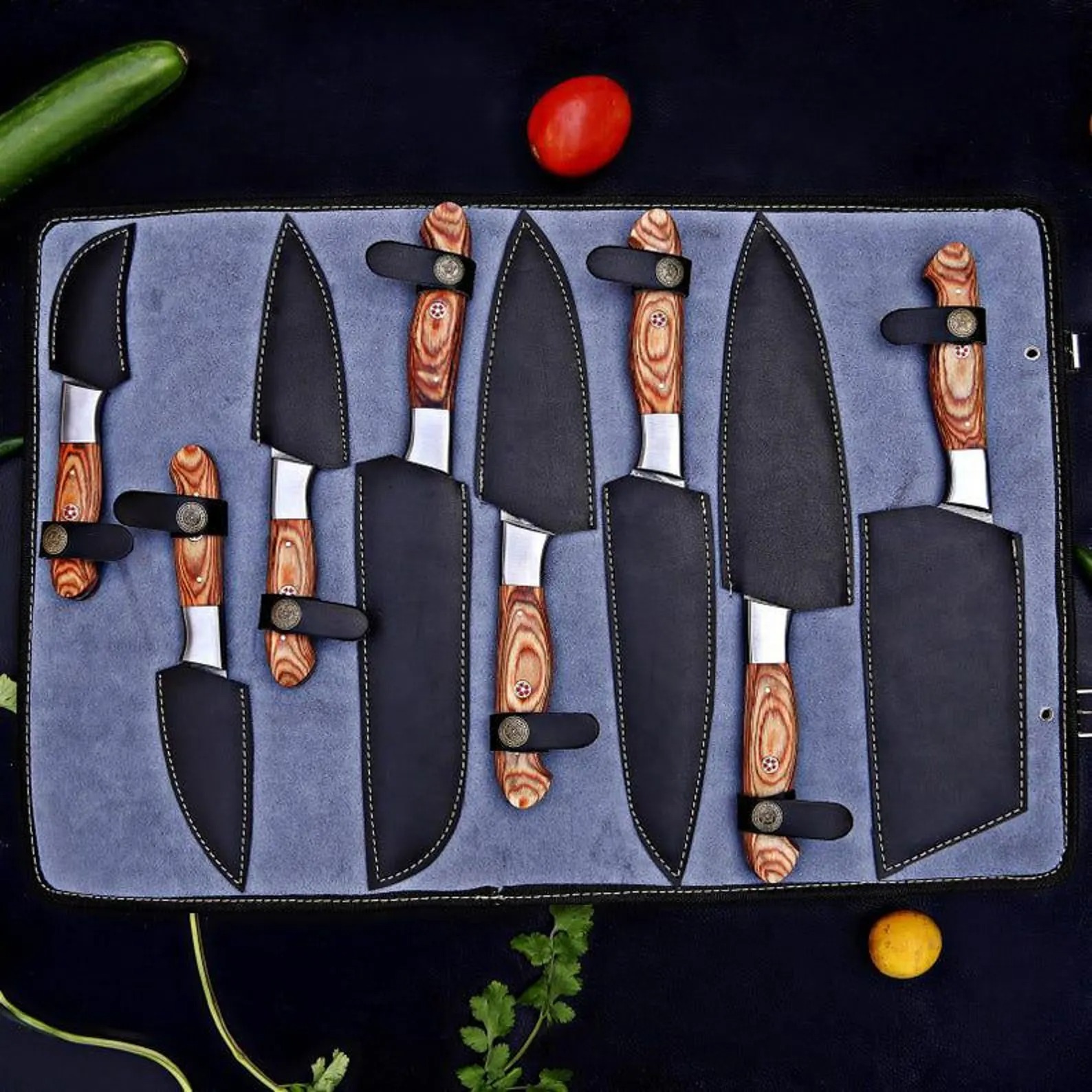 Hand-Forged Damascus Steel Chef Knife Set thumbnail 7