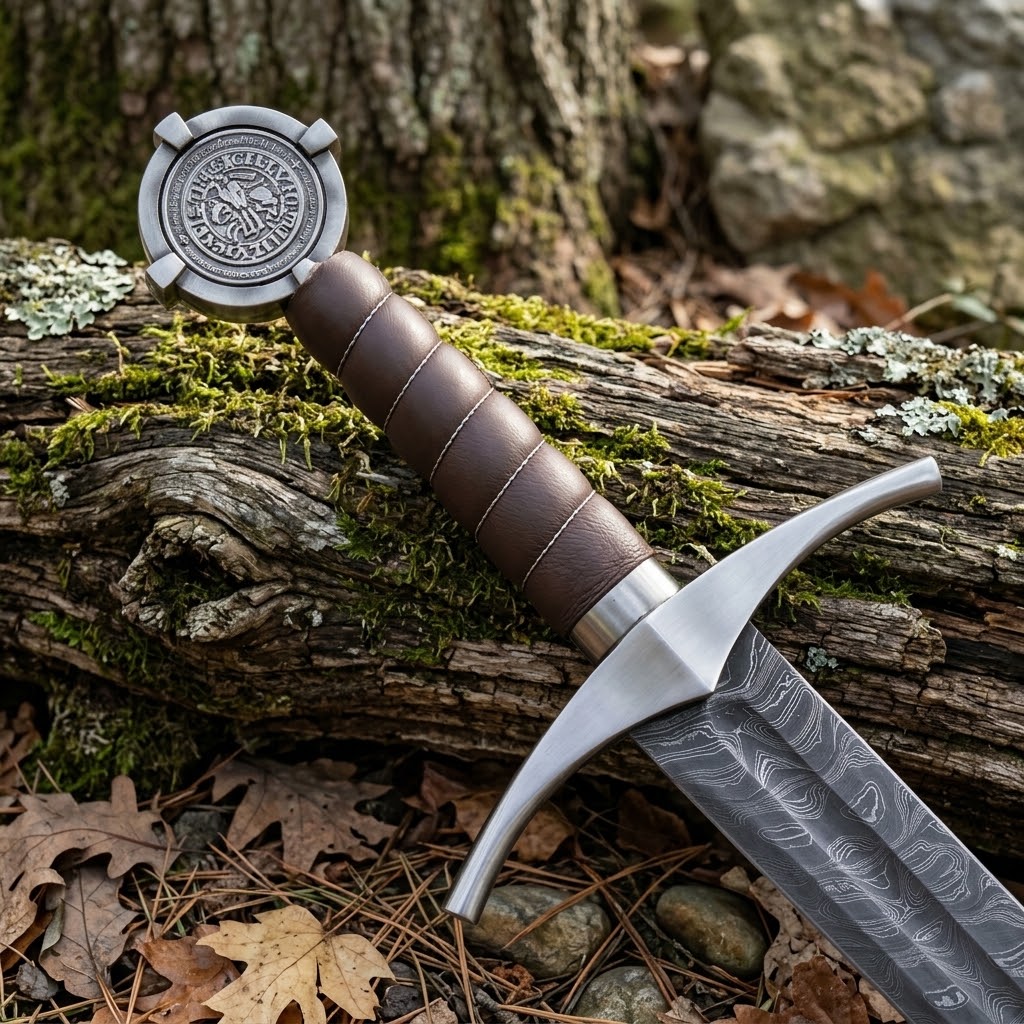 Custom Engraved Knights Templar Sword (Damascus Steel) thumbnail 2