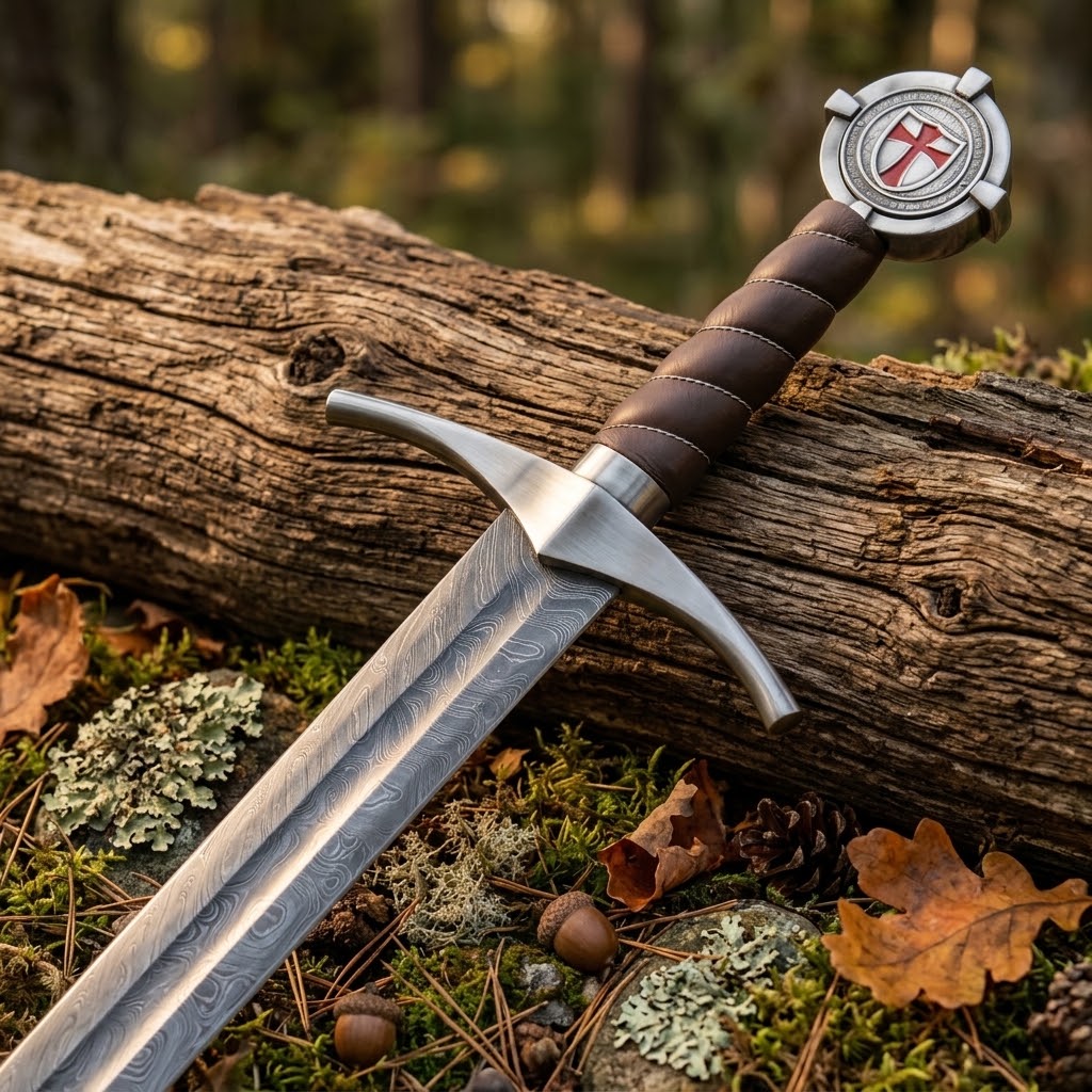 Custom Engraved Knights Templar Sword (Damascus Steel) thumbnail 3