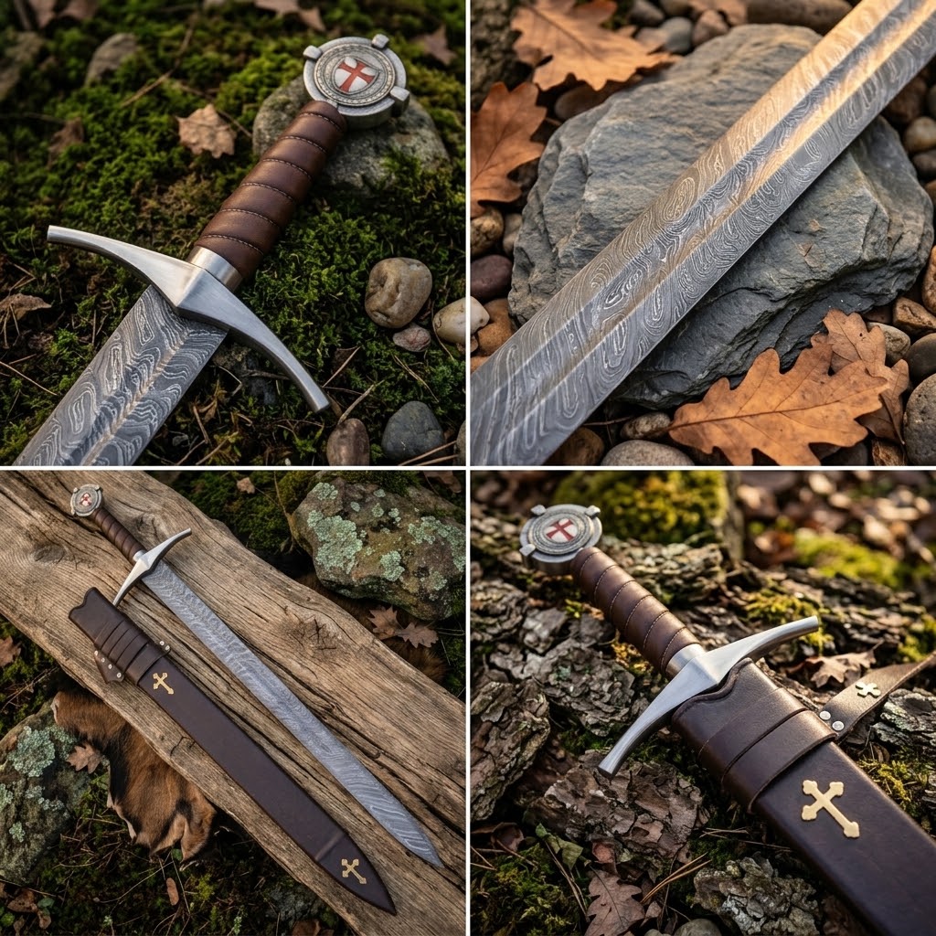 Custom Engraved Knights Templar Sword (Damascus Steel) thumbnail 4